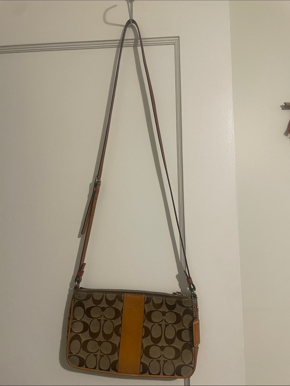 Coach Signature Pattern Crossbody in Brown with Tan Stripe